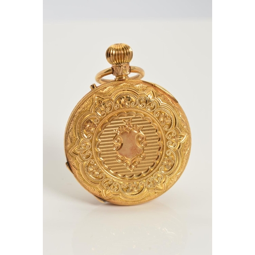 87 - A CASED 18CT LADIES HALF HUNTER FOB WATCH BY J.W. BENSONS, foliate engraved with blind cartouche, 18... 