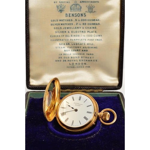 87 - A CASED 18CT LADIES HALF HUNTER FOB WATCH BY J.W. BENSONS, foliate engraved with blind cartouche, 18... 