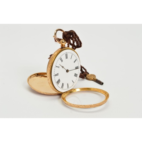 96 - AN EARLY 20TH CENTURY 18CT GOLD OPEN FACE POCKET WATCH, the white face with black Roman numerals, en... 