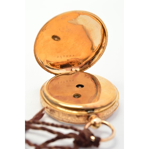 96 - AN EARLY 20TH CENTURY 18CT GOLD OPEN FACE POCKET WATCH, the white face with black Roman numerals, en... 