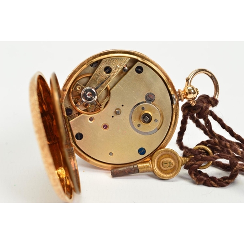 96 - AN EARLY 20TH CENTURY 18CT GOLD OPEN FACE POCKET WATCH, the white face with black Roman numerals, en... 