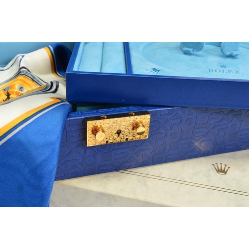 98 - A ROLEX WATCH AND JEWELLERY BOX, marble style outer box, Royal blue Jubilee design leather exterior,... 