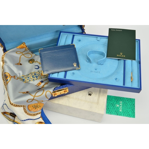 98 - A ROLEX WATCH AND JEWELLERY BOX, marble style outer box, Royal blue Jubilee design leather exterior,... 