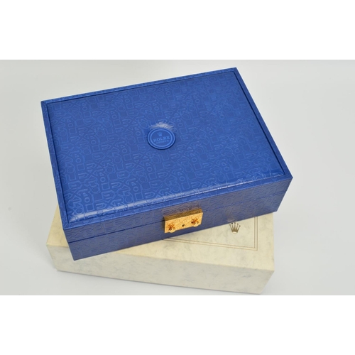 98 - A ROLEX WATCH AND JEWELLERY BOX, marble style outer box, Royal blue Jubilee design leather exterior,... 