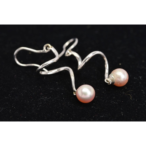 104 - A PAIR OF 18CT WHITE GOLD CULTURED PEARL DROP EARRINGS, each designed as a spiral wire suspending a ... 