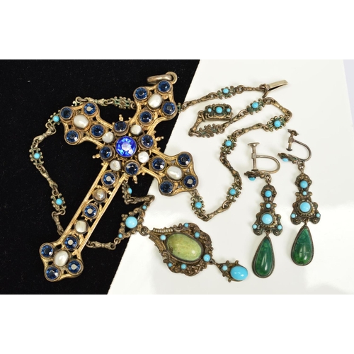 116 - THREE ITEMS OF AUSTRO-HUNGARIAN JEWELLERY, to include a large cross pendant set with circular blue p... 