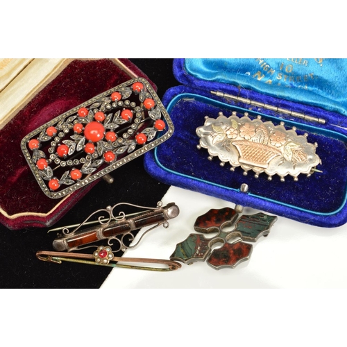 118 - FIVE BROOCHES, to include a dyed coral and marcasite rectangular openwork brooch, a mid Victorian si... 
