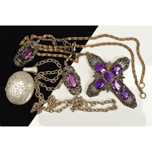 119 - A LOCKET, PENDANT AND EARRINGS, the oval locket with engraved decoration, a large amethyst and marca... 