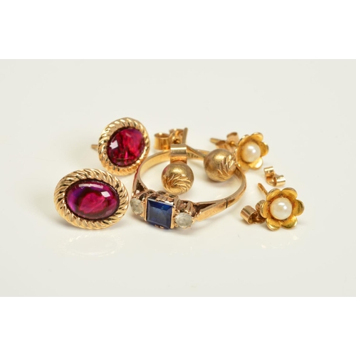 121 - A RING AND THREE PAIRS OF EARRINGS, the ring set with a central square sapphire and flanked by colou... 