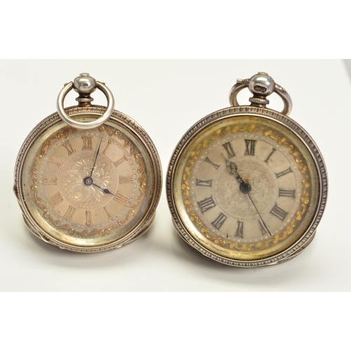 125 - TWO POCKET WATCHES, first stamped sterling silver, with a floral gilt border to the silvered dial, R... 