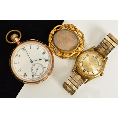 126 - A COLLECTION OF ITEMS, to include a gold plated Elgin pocket watch, white Roman numeral dial with su... 