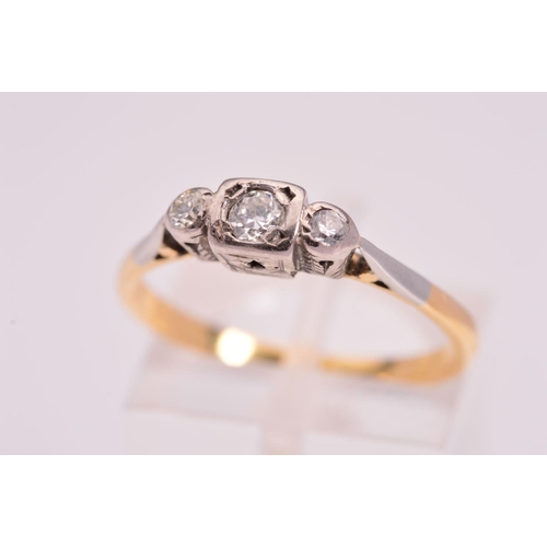 136 - A DIAMOND THREE STONE RING, designed with a central old cut diamond flanked by brilliant cut diamond... 