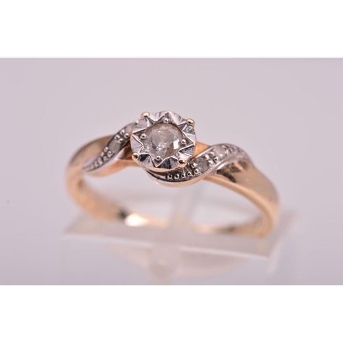 141 - A 9CT GOLD DIAMOND RING, designed as a central round brilliant cut diamond in a four claw illusion m... 