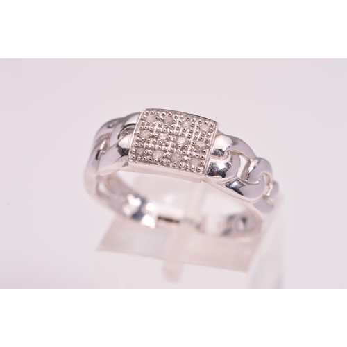 144 - A 9CT WHITE GOLD DIAMOND RING, the central regular panel set with twelve single cut diamonds to the ... 
