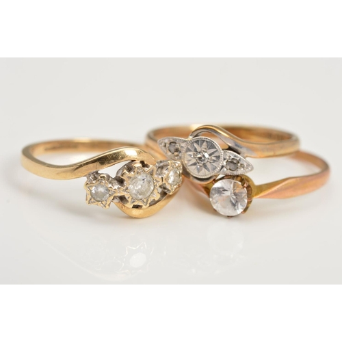 153 - THREE RINGS, the first a 9ct gold three stone diamond ring in a twist design mount, stamped diamond ... 