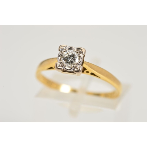 156 - AN 18CT GOLD SINGLE STONE DIAMOND RING, the round brilliant cut diamond within a square illusion set... 