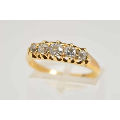 158 - A LATE VICTORIAN 18CT GOLD FIVE STONE DIAMOND RING, designed as a graduated line of old cut diamonds... 