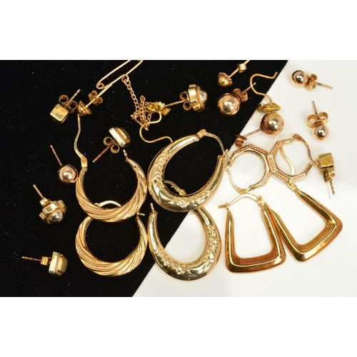 161 - A SELECTION OF EARRINGS, to include hinged hoop earrings and stud earrings, many with marks to indic... 