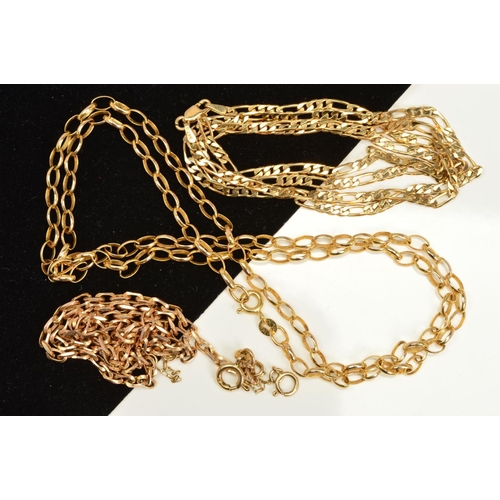 163 - THREE 9CT GOLD CHAIN NECKLACES, to include a faceted belcher link chain, a plain belcher link chain ... 