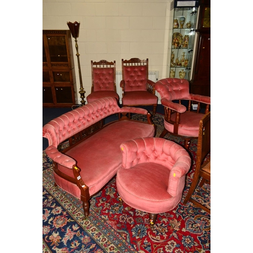 1670 - A LATE VICTORIAN/EDWARDIAN MATCHED PINK UPHOLSTERED SALON SUITE, comprising settee, tub chair, ladie... 