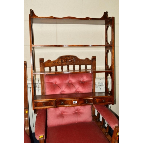 1671 - A REPRODUCTION MAHOGANY THREE TIER HANGING PLATE RACK with three various drawers