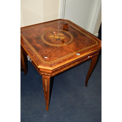 1673 - A SECOND HALF 20TH CENTURY ITALIAN MARQUETRY INLAID GAMING TABLE, on shaped square lift off top with... 