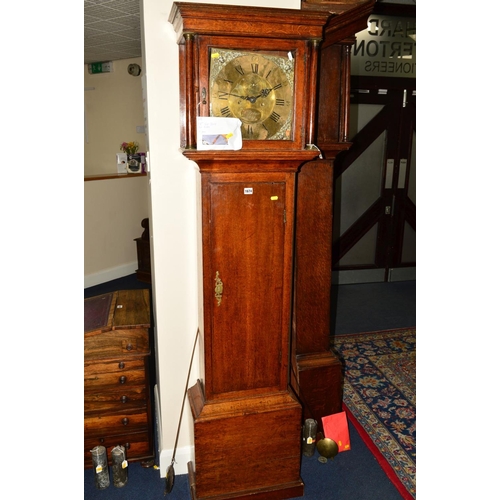 1674 - A GEORGE III OAK LONGCASE CLOCK, moulded cornice on brass capped doric columns flanking the hood doo... 