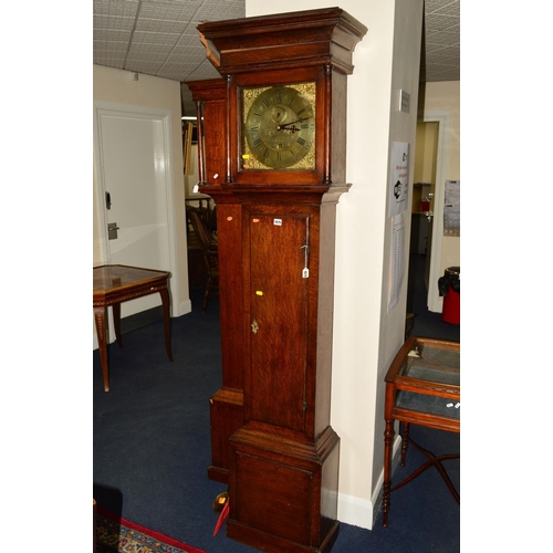 1675 - A GEORGE III OAK LONGCASE CLOCK, moulded pediment above the hood door flanked by half doric columns,... 