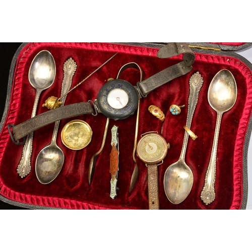 173 - A SELECTION OF ITEMS, to include four late Victorian silver spoons and a pair of sugar tongs, approx... 