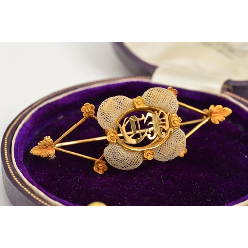 244 - A VICTORIAN HAIR BROOCH, centring on initials C.P., enclosed within an intricate woven white hair se... 