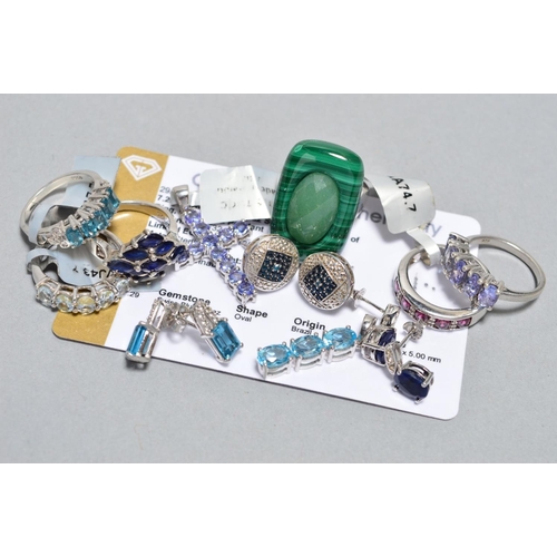 249 - ELEVEN ITEMS OF GEM JEWELLERY, to include six rings, including a sapphire and a malachite ring, thre... 