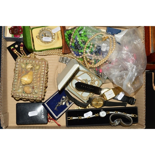 253 - A BOX OF MAINLY COSTUME JEWELLERY, to include bead necklaces, brooches, two ladies watches, three ge... 