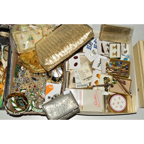 257 - TWO SMALL BOX OF BADGES, CUFFLINKS, COSTUME JEWELLERY ETC, to include car related cufflinks, a Strat... 