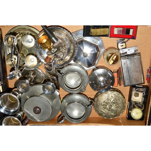 274 - A BOX OF SILVER PLATE, PEWTER ETC, to include cased fish servers with silver bands, costume and silv... 