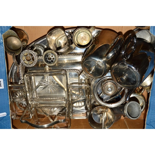 275 - A BOX OF SILVER PLATE, including a glass four division hors d'oeuvres dish, hotel ware, entree dish ... 