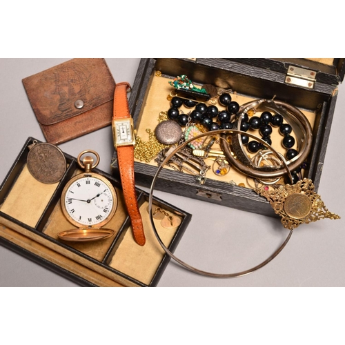 283 - A SMALL JEWELLERY BOX containing a gold plated pocket watch, a coin set brooch, beaded necklace, gol... 