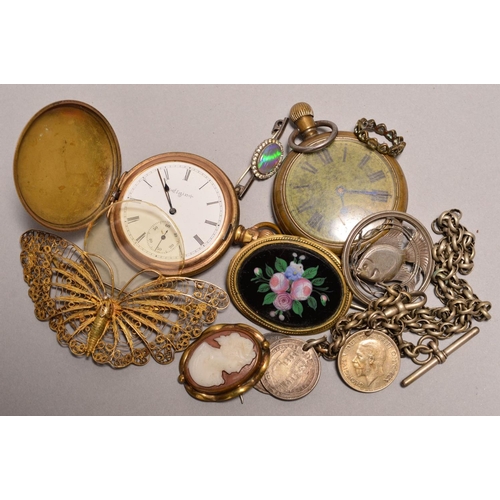 287 - A GOLD PLATED ELGIN POCKET WATCH, along with another, five brooches, an Albert chain fixed with thre... 