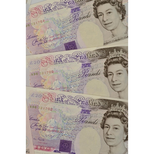 301 - FIVE GILL CONSECUTIVE TWENTY POUND ERROR BANKNOTES, A96 part of twenty is missing ink and the 'D' in... 