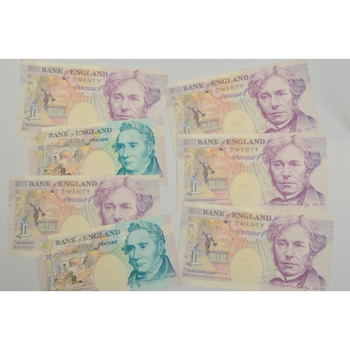 301 - FIVE GILL CONSECUTIVE TWENTY POUND ERROR BANKNOTES, A96 part of twenty is missing ink and the 'D' in... 