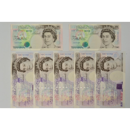 301 - FIVE GILL CONSECUTIVE TWENTY POUND ERROR BANKNOTES, A96 part of twenty is missing ink and the 'D' in... 