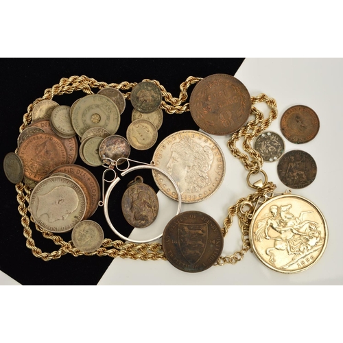 309 - A PACKAGE OF COINS, to include a mounted and gilded 1896 Crown on chain, a Morgan Dollar 1880 silver... 