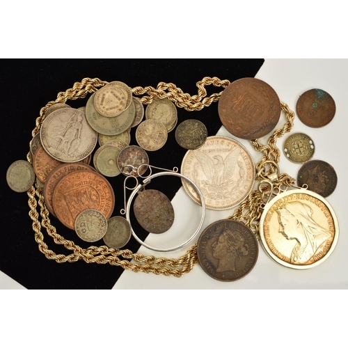 309 - A PACKAGE OF COINS, to include a mounted and gilded 1896 Crown on chain, a Morgan Dollar 1880 silver... 