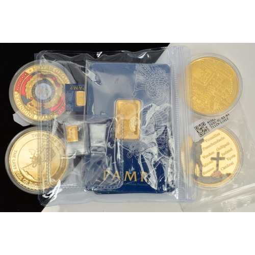 310 - A SMALL PARCEL OF INGOTS, GOLD AND SILVER AND COMMEMORATIVE COINS, to include a Pamp 10 grams, .999.... 