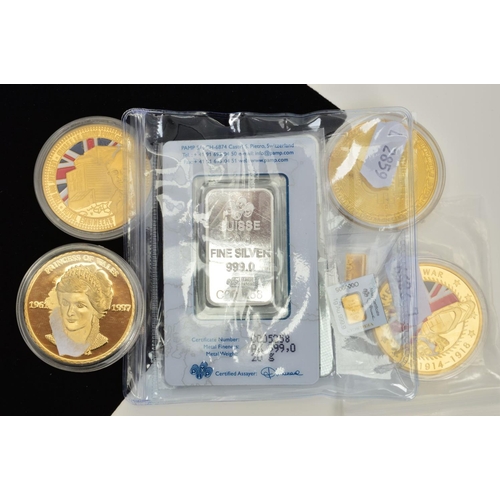 310 - A SMALL PARCEL OF INGOTS, GOLD AND SILVER AND COMMEMORATIVE COINS, to include a Pamp 10 grams, .999.... 