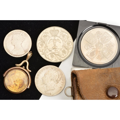 327 - A BOX CONTAINING A SMALL AMOUNT OF COINS, to include a gilded George IV shilling in a yellow metal m... 