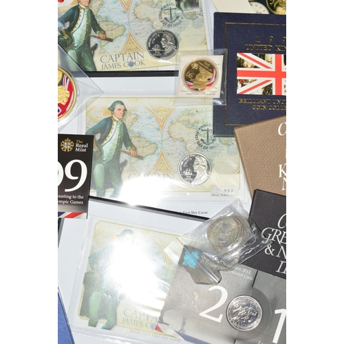 331 - A BOX OF UK COINAGE, to include three Captain James Cook First Day silver coin covers, five Morgan D... 