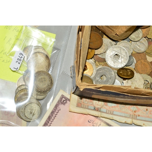 332 - A BOX OF WORLD COINS, to include silver coins from Egypt, Saudi Arabia, Palestine, old banknotes, et... 