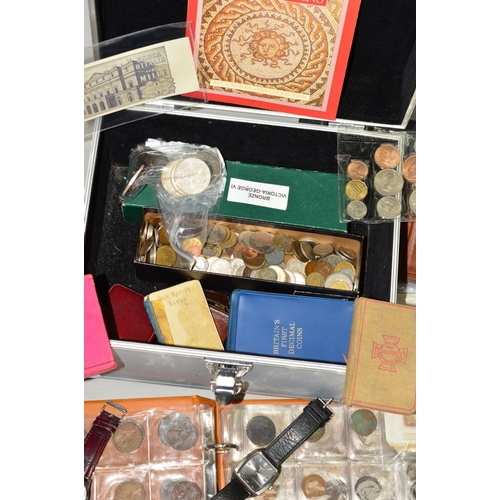 333 - TWO BOXES AND AN ALUMINIUM CASE AND TWO ALBUMS CONTAINING COINS AND EMPORIA, to include two coin alb... 