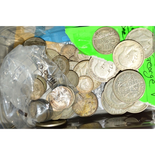 335 - A SHOEBOX OF COINS, to include approximately 600 grams of .500 coins with a few UK banknotes