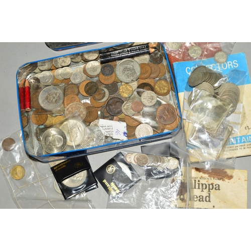 336 - A BISCUIT TIN OF MAINLY UK COINAGE, to include a George III 1818 Halfcrown, a 1887 Double Florin Ara... 